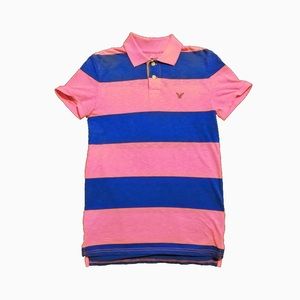 American Eagle Pink and Blue Striped Polo Shirt